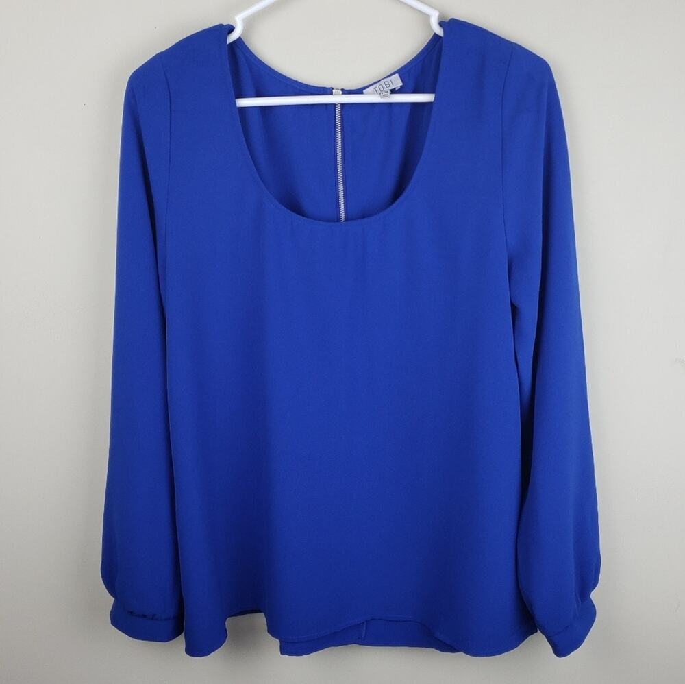 Tobi Women's Solid Blue Long Sleeve Scoop Neck Pullover Blouse Large L
